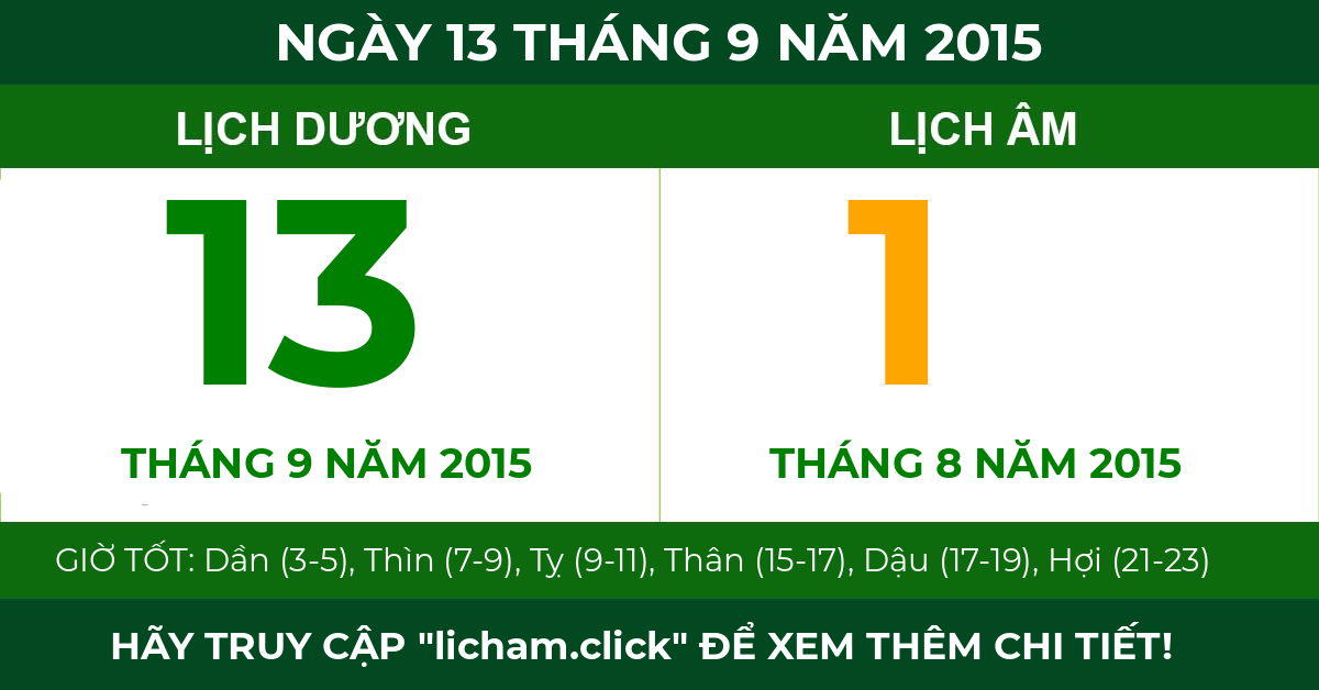 lịch âm ngày 13 tháng 9 năm 2015