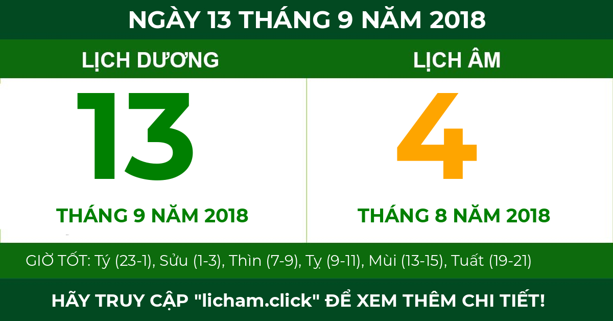 lịch âm ngày 13 tháng 9 năm 2018