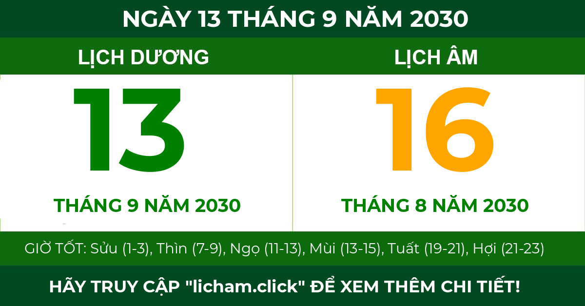 lịch âm ngày 13 tháng 9 năm 2030