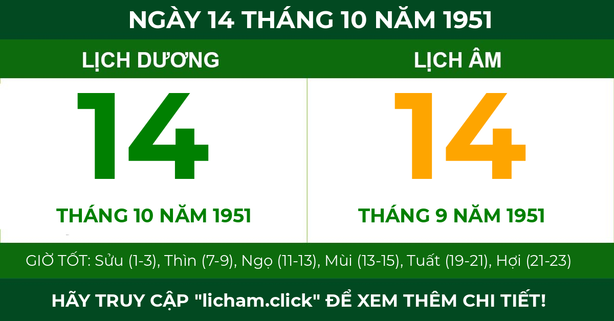 lịch âm ngày 14 tháng 10 năm 1951