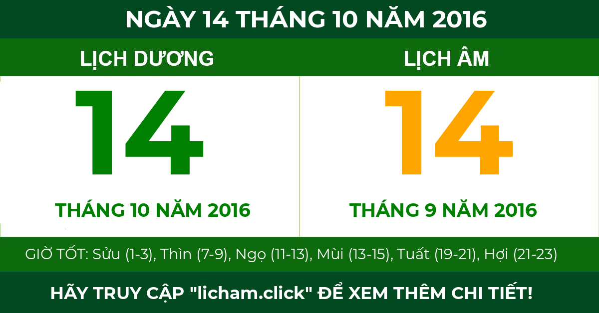 lịch âm ngày 14 tháng 10 năm 2016