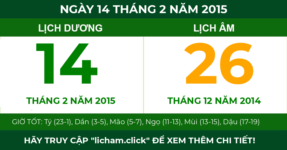 lịch âm ngày 14 tháng 2 năm 2015
