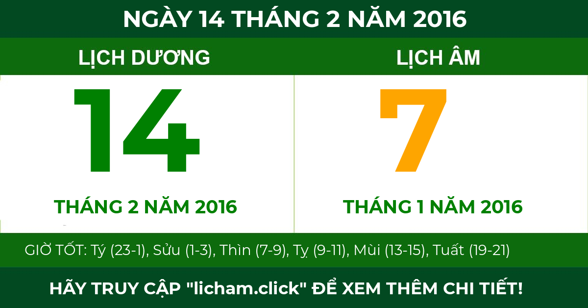 lịch âm ngày 14 tháng 2 năm 2016