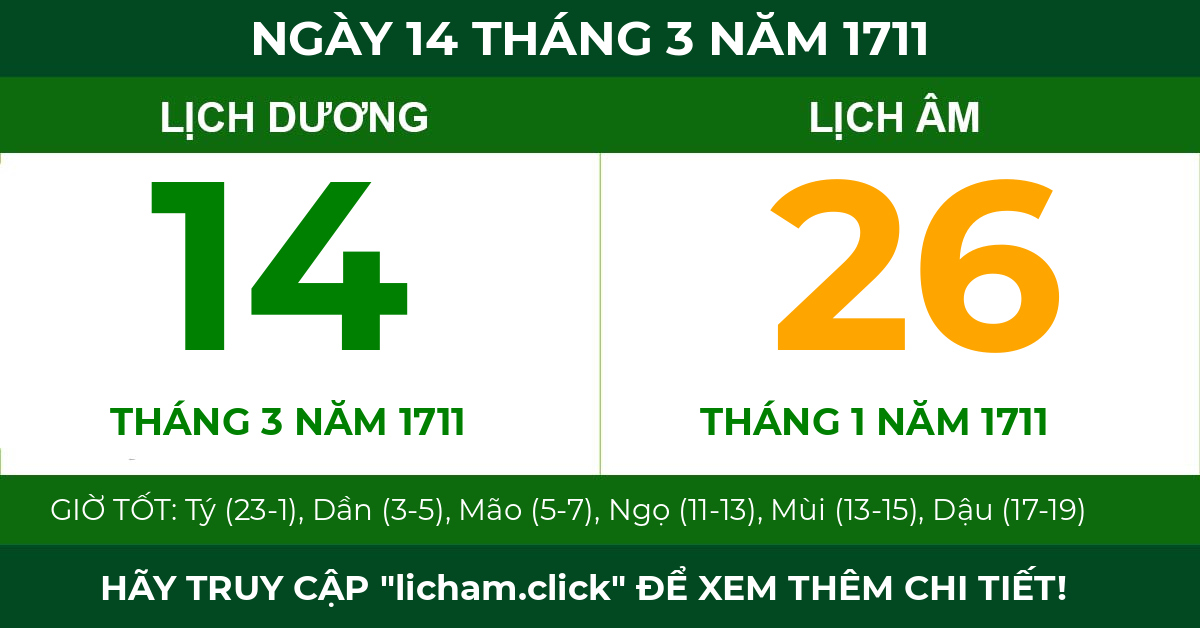 lịch âm ngày 14 tháng 3 năm 1711