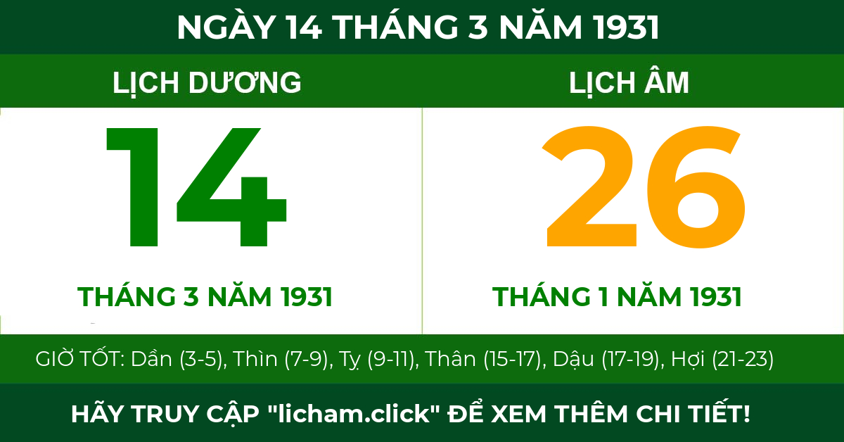 lịch âm ngày 14 tháng 3 năm 1931