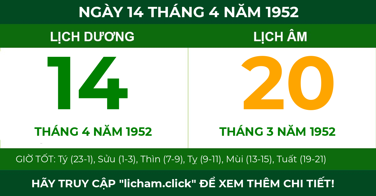 lịch âm ngày 14 tháng 4 năm 1952