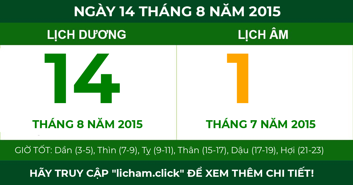 lịch âm ngày 14 tháng 8 năm 2015