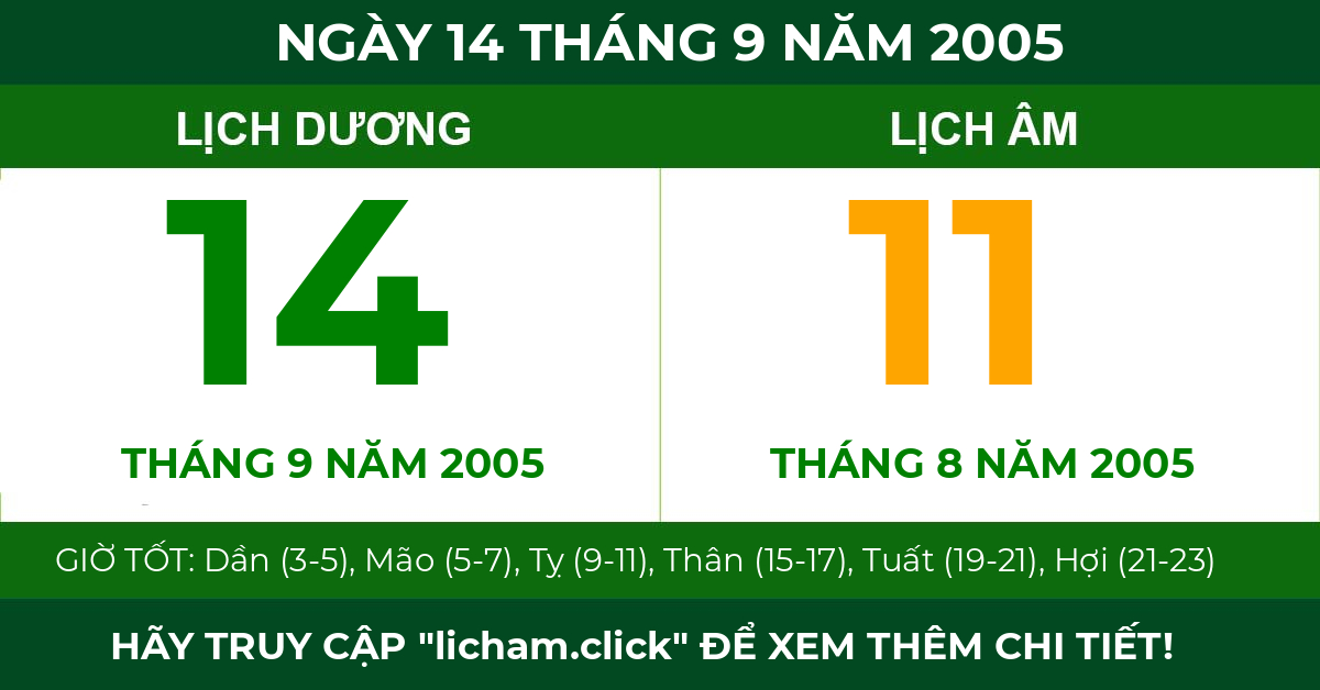 lịch âm ngày 14 tháng 9 năm 2005