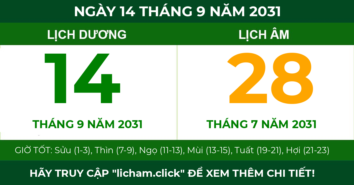 lịch âm ngày 14 tháng 9 năm 2031
