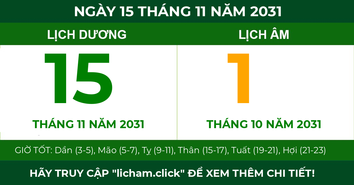 lịch âm ngày 15 tháng 11 năm 2031