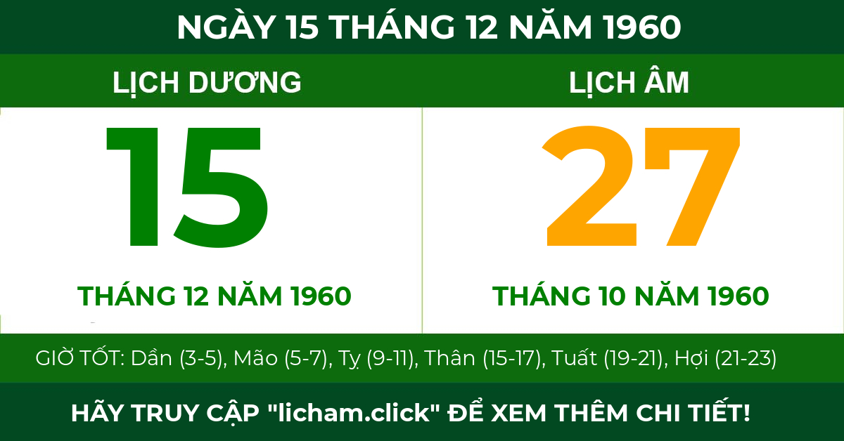 lịch âm ngày 15 tháng 12 năm 1960