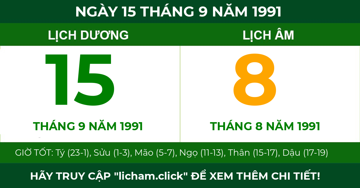 lịch âm ngày 15 tháng 9 năm 1991