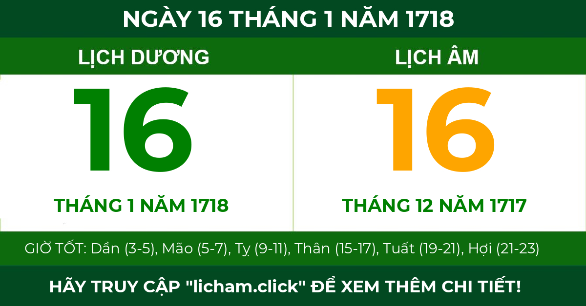 lịch âm ngày 16 tháng 1 năm 1718
