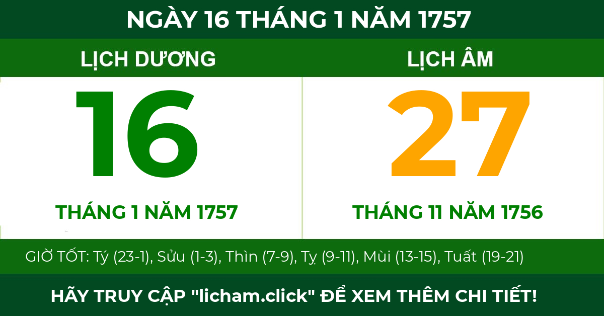 lịch âm ngày 16 tháng 1 năm 1757