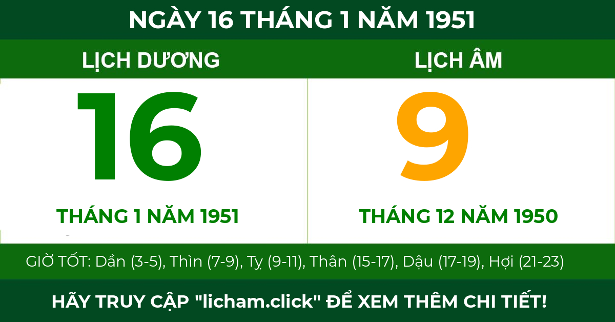 lịch âm ngày 16 tháng 1 năm 1951