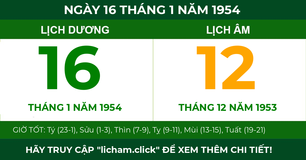 lịch âm ngày 16 tháng 1 năm 1954