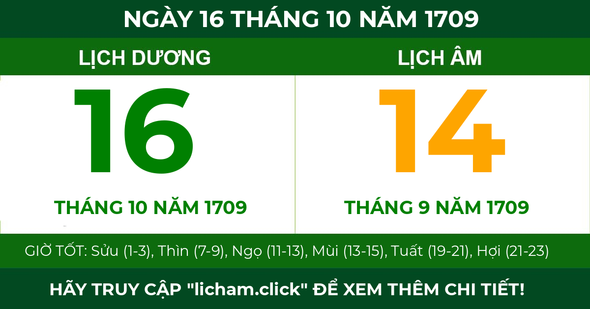 lịch âm ngày 16 tháng 10 năm 1709