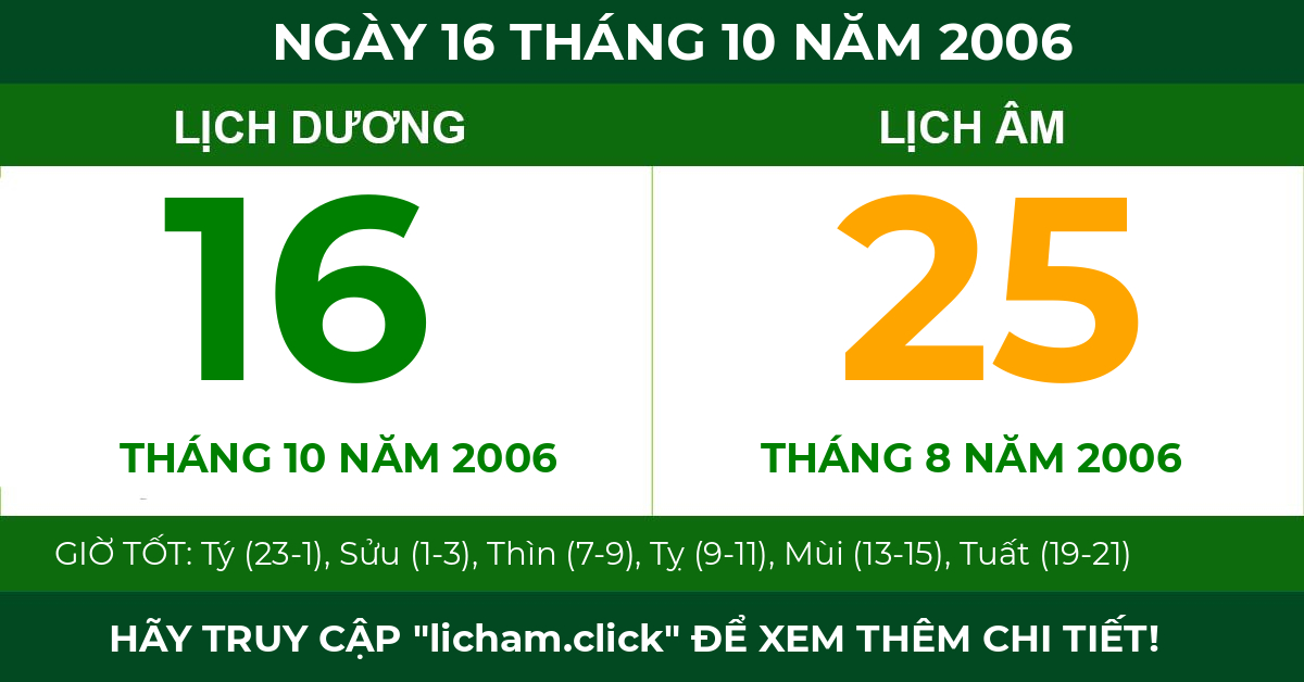 lịch âm ngày 16 tháng 10 năm 2006