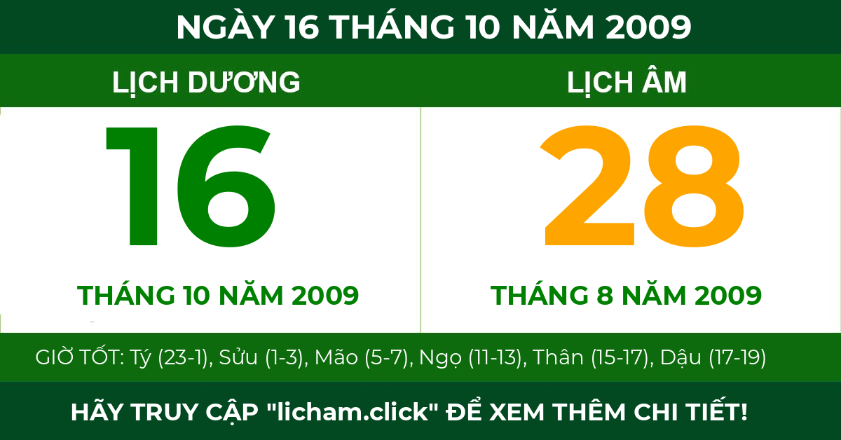 lịch âm ngày 16 tháng 10 năm 2009