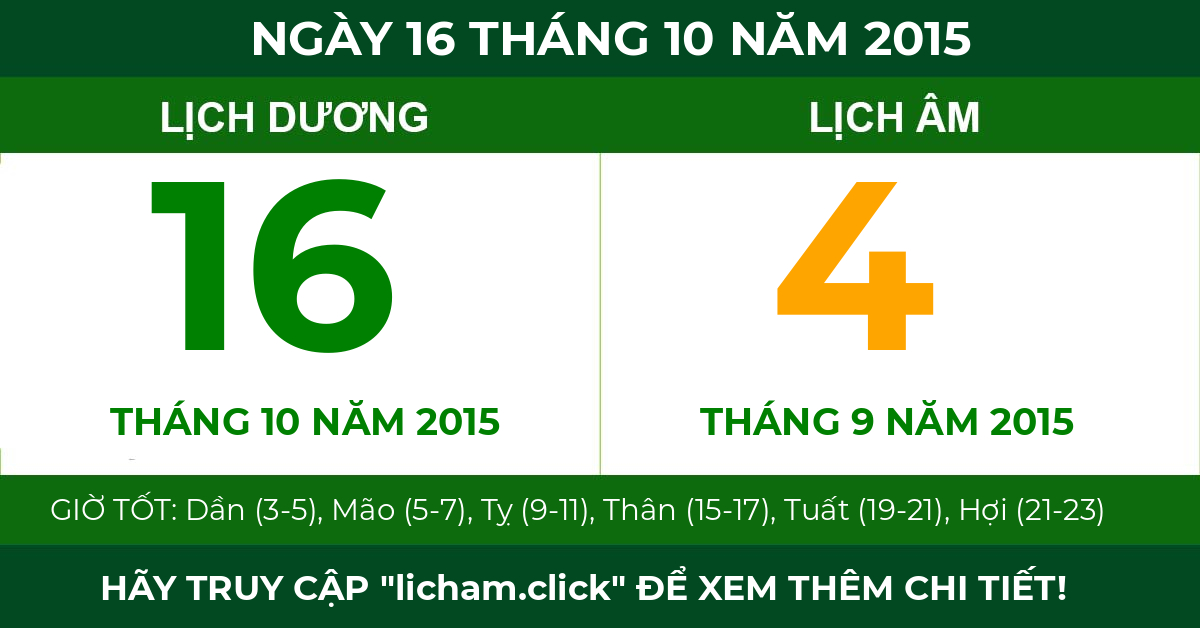lịch âm ngày 16 tháng 10 năm 2015