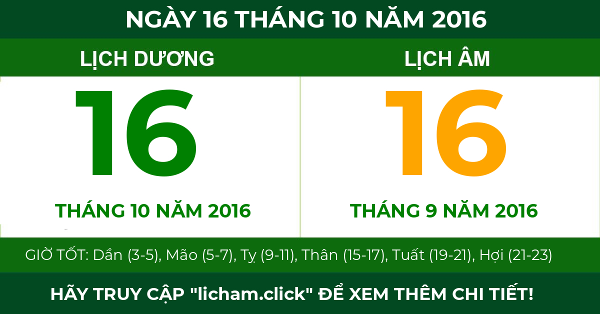 lịch âm ngày 16 tháng 10 năm 2016