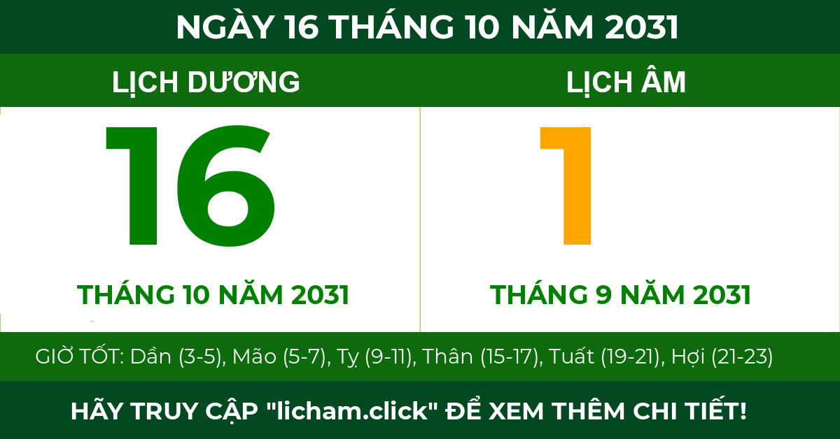 lịch âm ngày 16 tháng 10 năm 2031