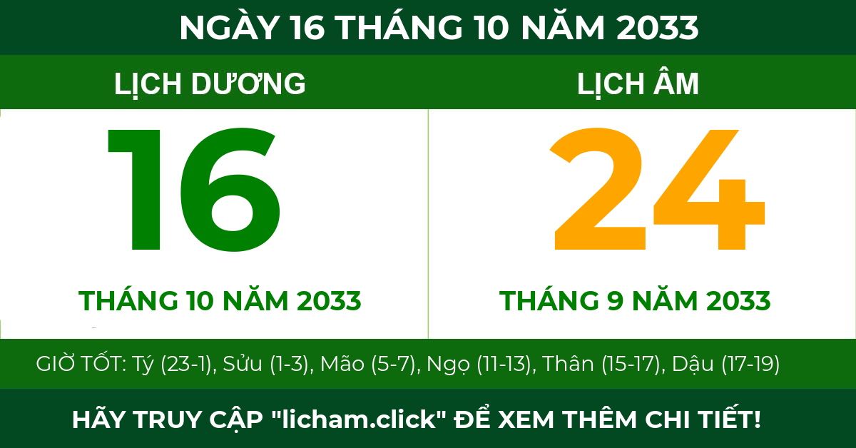 lịch âm ngày 16 tháng 10 năm 2033