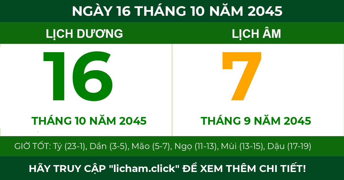 lịch âm ngày 16 tháng 10 năm 2045