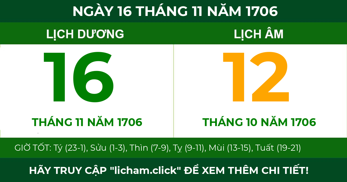 lịch âm ngày 16 tháng 11 năm 1706