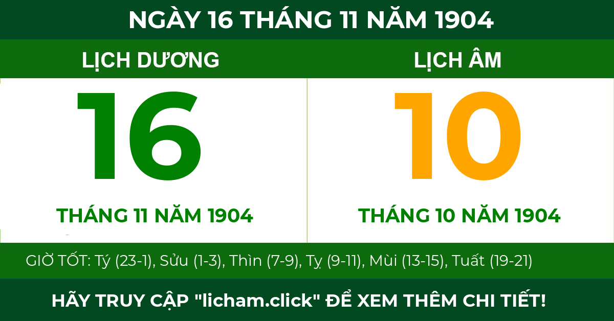 lịch âm ngày 16 tháng 11 năm 1904
