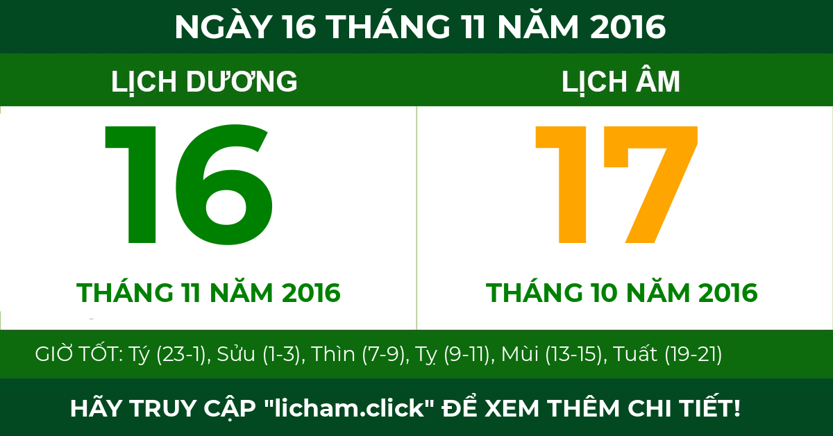 lịch âm ngày 16 tháng 11 năm 2016