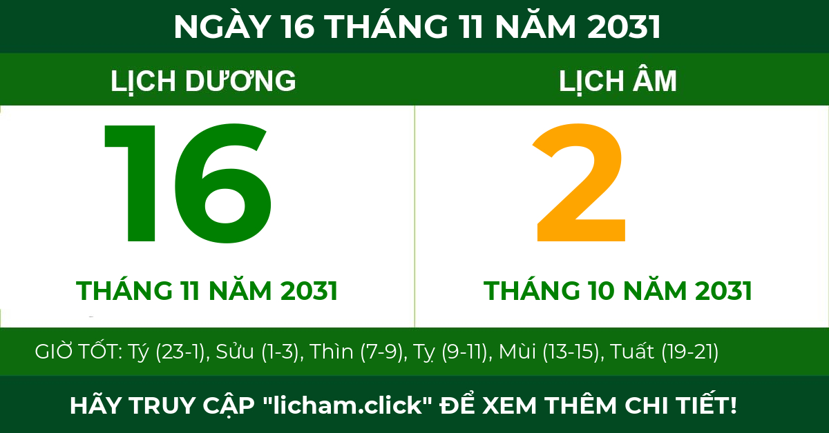 lịch âm ngày 16 tháng 11 năm 2031