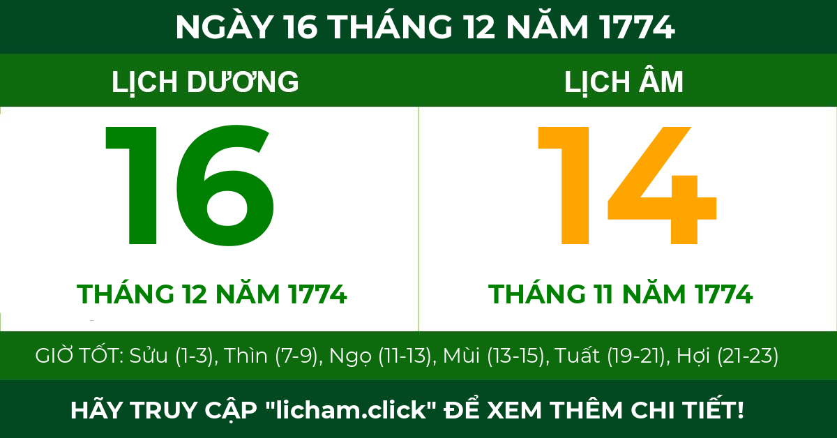 lịch âm ngày 16 tháng 12 năm 1774