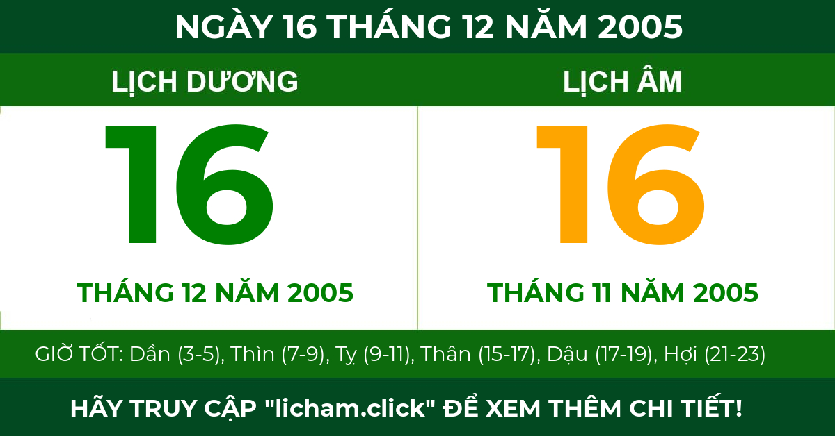 lịch âm ngày 16 tháng 12 năm 2005
