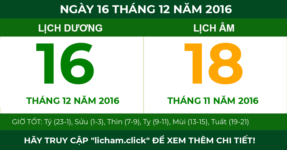 lịch âm ngày 16 tháng 12 năm 2016