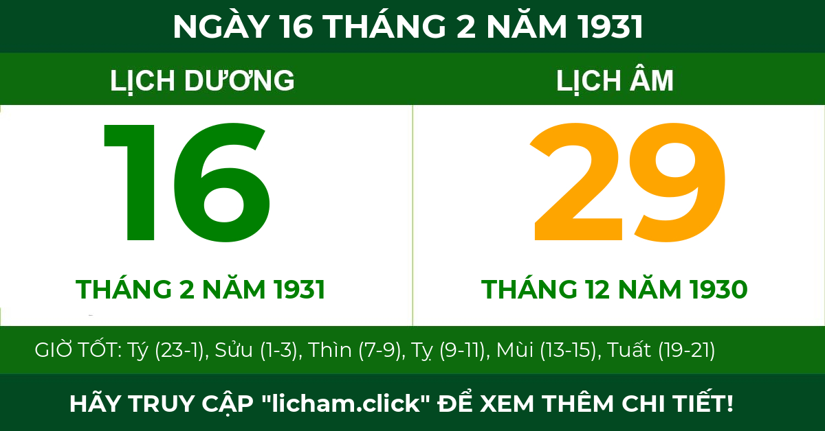 lịch âm ngày 16 tháng 2 năm 1931