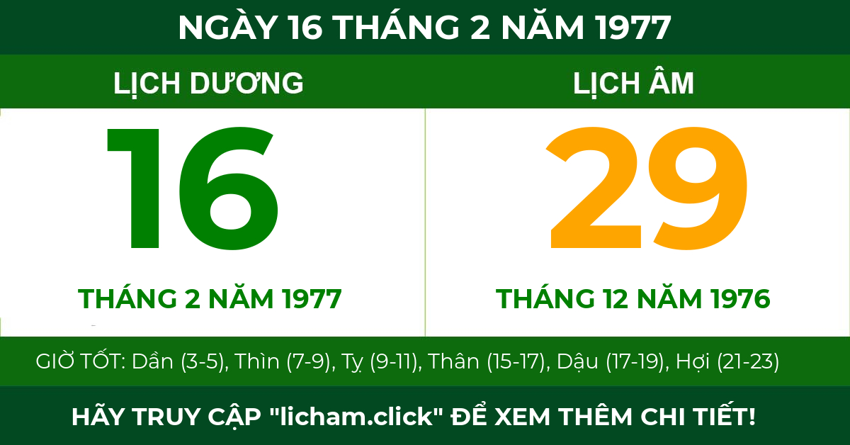 lịch âm ngày 16 tháng 2 năm 1977