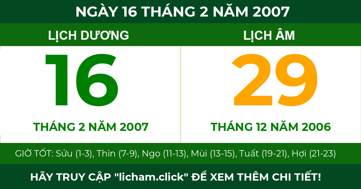 lịch âm ngày 16 tháng 2 năm 2007