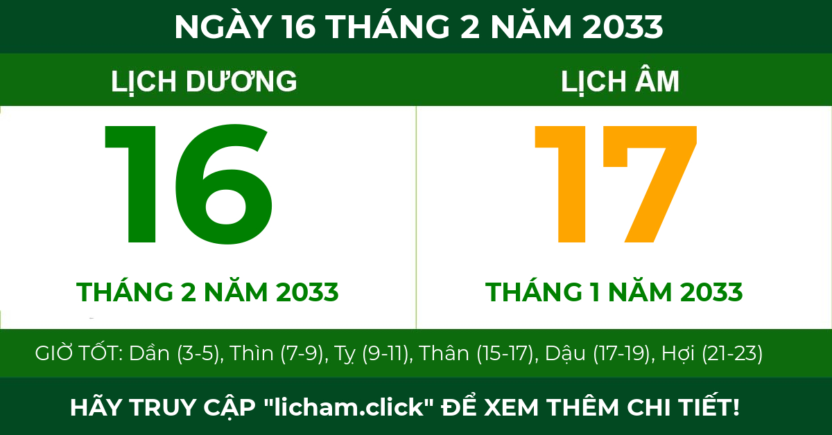 lịch âm ngày 16 tháng 2 năm 2033