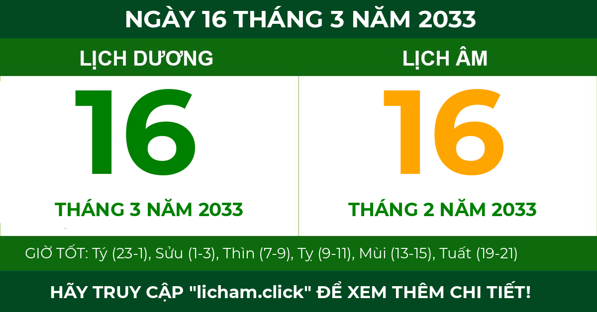 lịch âm ngày 16 tháng 3 năm 2033