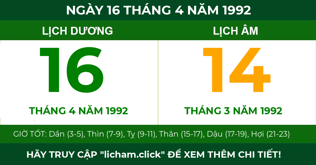 lịch âm ngày 16 tháng 4 năm 1992