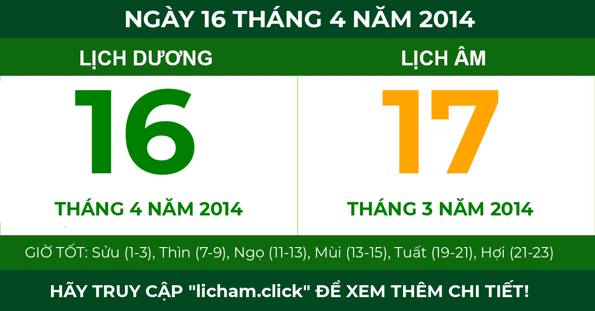 lịch âm ngày 16 tháng 4 năm 2014