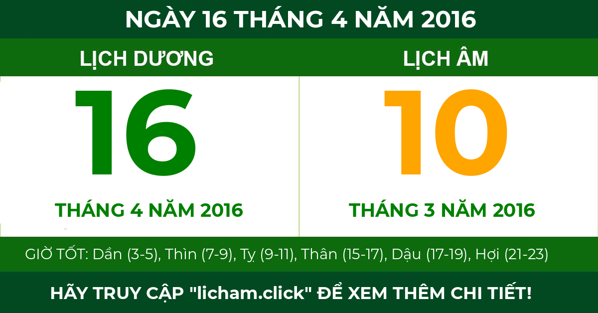 lịch âm ngày 16 tháng 4 năm 2016