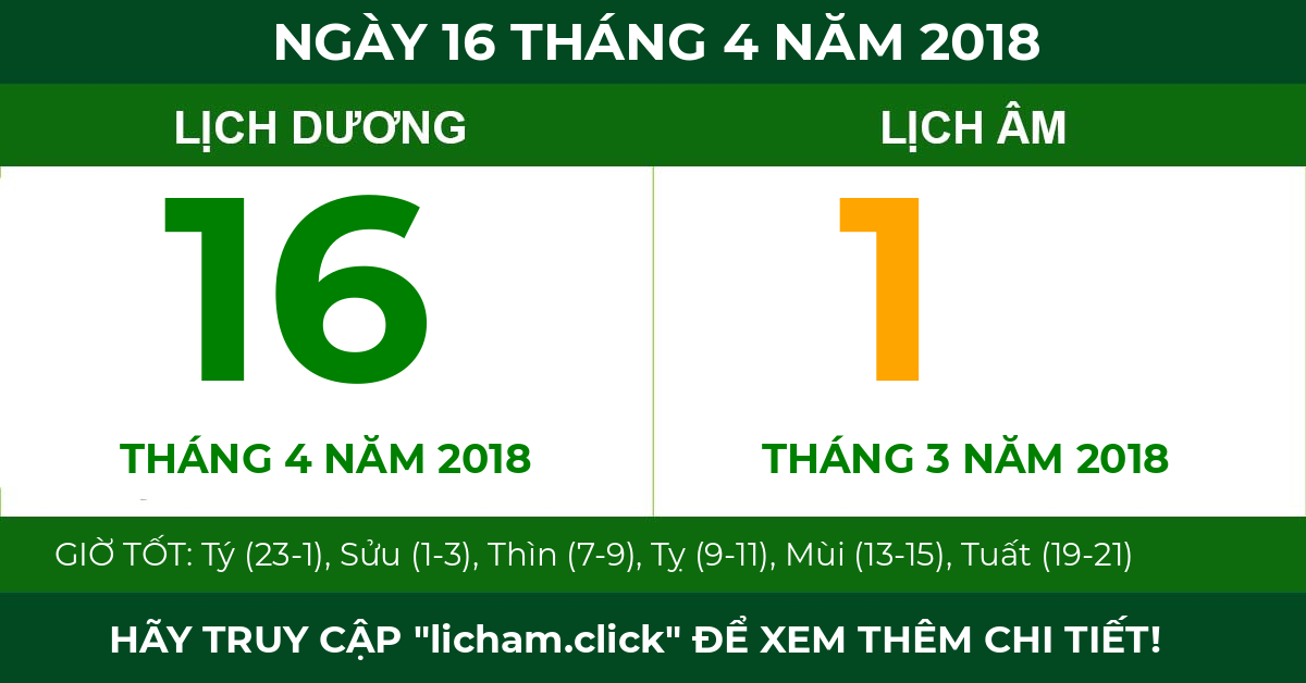 lịch âm ngày 16 tháng 4 năm 2018