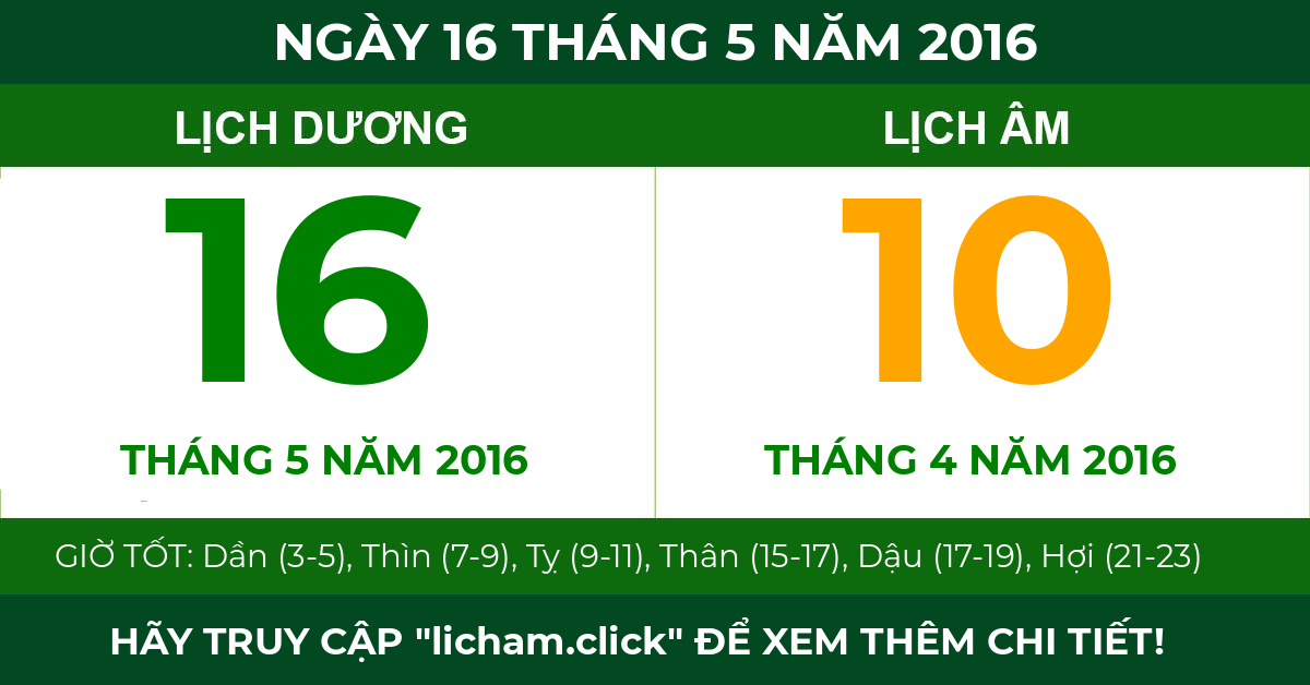 lịch âm ngày 16 tháng 5 năm 2016