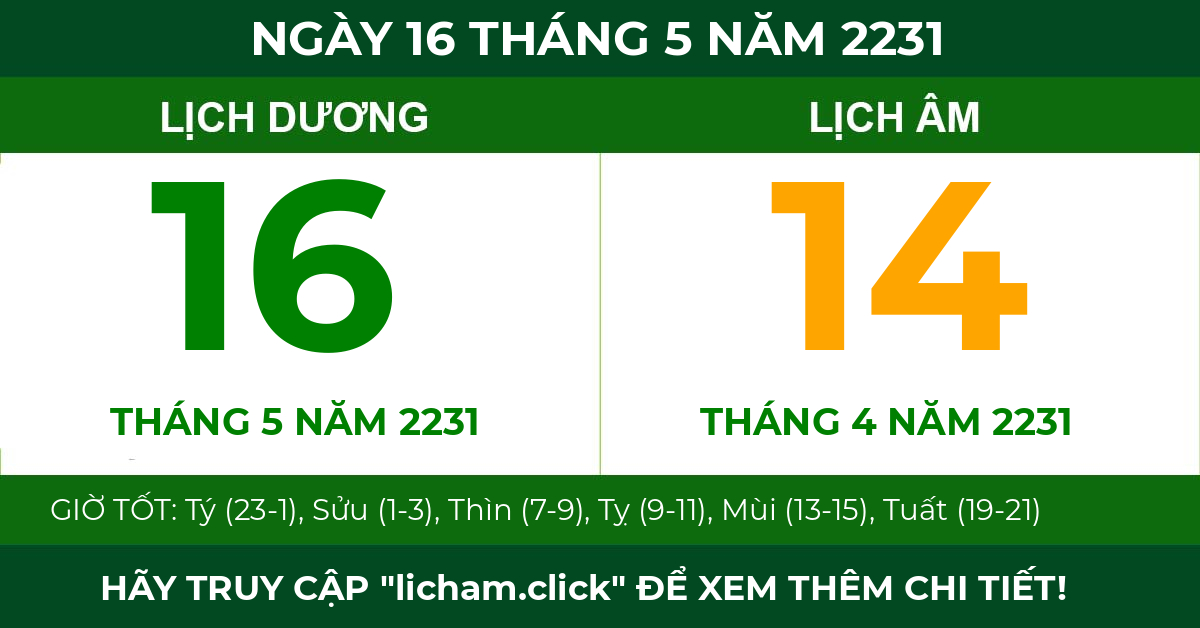 lịch âm ngày 16 tháng 5 năm 2231