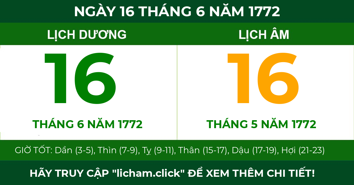 lịch âm ngày 16 tháng 6 năm 1772