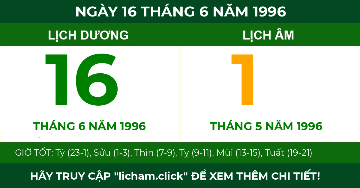 lịch âm ngày 16 tháng 6 năm 1996