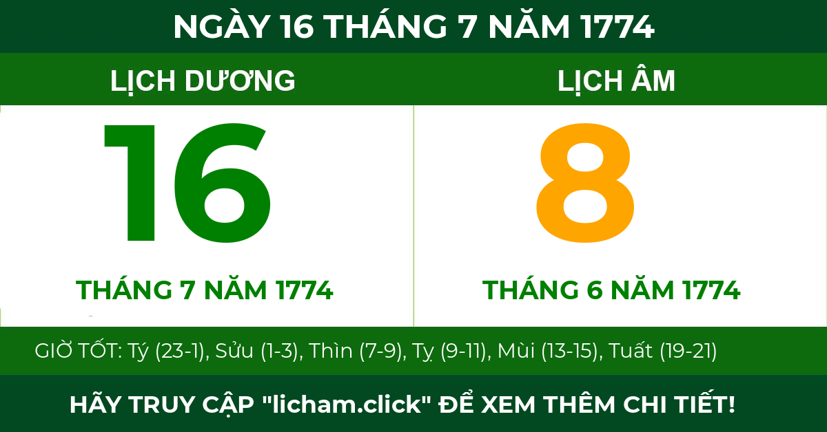 lịch âm ngày 16 tháng 7 năm 1774