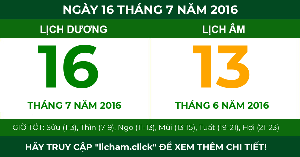 lịch âm ngày 16 tháng 7 năm 2016